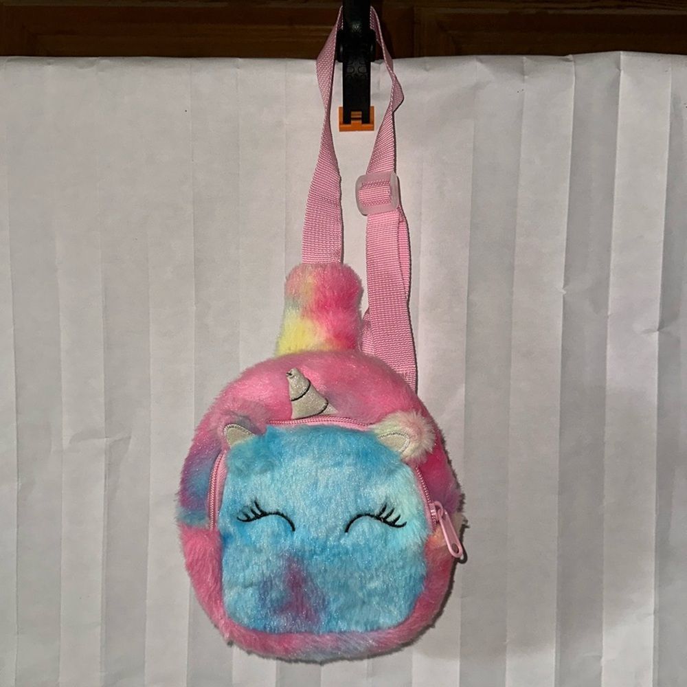 Girls Unicorn Sling Crossbody Bag Faux Fur Rainbow Cute Plush Purse